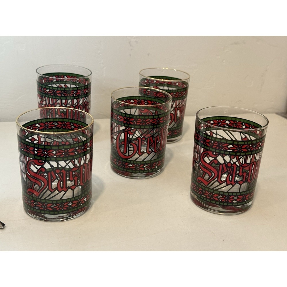 Houze "Seasons Greetings" Stained Glass Low Ball Tumblers On The Rocks SET OF 5‎